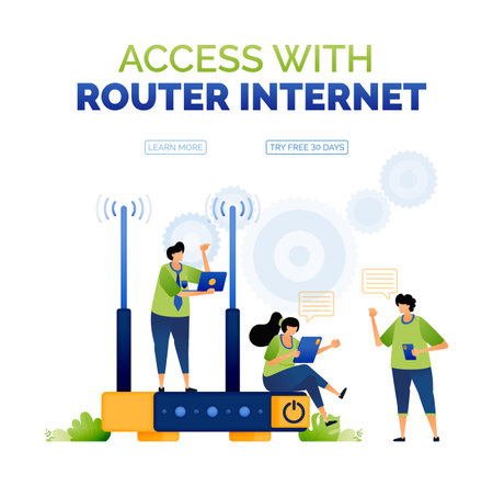 illustration of people accessing the internet with routers and communicating with each other. illustration of activities for internet service providers. can use for ad, poster, campaign, website, appsのイラスト素材