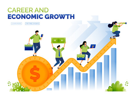 illustration of dollar and coin on economic growth. career and increase income in financial and banking sectors. GDP growth and job opportunities for everyone. can use for ad, poster, campaign, appsのイラスト素材
