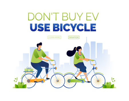 illustration from the campaign don't buy EV but use bicycle. support environmentally friendly zero emission urban city by cycling. cyclists save the planet. can use for ad, poster, campaign, appsのイラスト素材