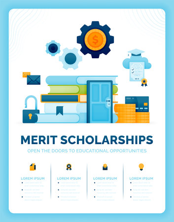 Vector illustration of merit based scholarships to open doors to educational opportunities. Unlocking potential for achieving success. Can use for ads, poster, campaign, website, apps, social mediaのイラスト素材