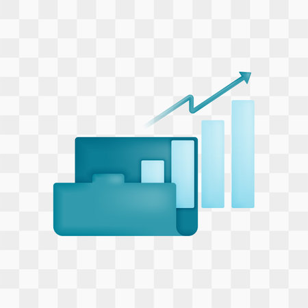 Vector icon with 3d render style of folder and bar chart with up arrows for storing, archive and organization of company and corporate data. Can be used for ads, poster, startup apps, banner, websiteのイラスト素材