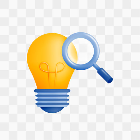 3d icon realistic render style of lamp or bulb inverted with magnifying glass, metaphor of looking for ideas or thoughts, brainstorming in research and development. Can be used for websites, apps, adsのイラスト素材