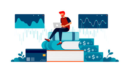 Illustration of Economics and business students study finance banking diagrams to make financial investment choices on credit card bonds. Can be used for web website poster mobile apps magazine adsのイラスト素材