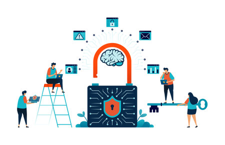 Artificial intelligence illustration of security, protection and defense with AI on network data communication. warning alert with AI technology. Can be used for mobile app website web flyer poster adのイラスト素材