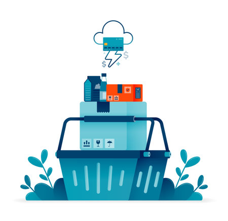 Illustration of 3d shopping basket contains package boxes ready to be paid or checked out for delivery on e-commerce. Can be used for posters, websites, brochures, bannersのイラスト素材