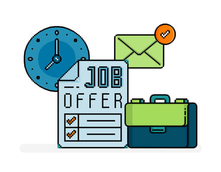 pixel line art of job offer document checklist with time and email for notification. metaphor of hiring offer. Can be used for web, website, landing page, apps, flyers, brochures, advertising, adsのイラスト素材