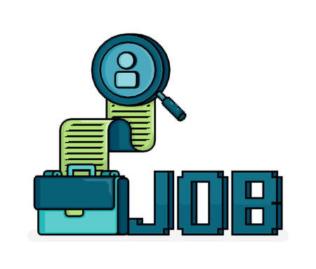 pixel line art illustration of briefcase with job 3d text on the side. magnifying glass looking for candidates. Can be used for ads, websites, flyers, brochures of  job vacancy and hiringのイラスト素材