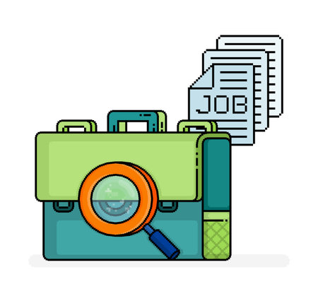 pixel line art of magnifying glass looking for pile of application documents on briefcase, metaphor of job candidates or hiring. Can be used for websites, flyers, brochures of  job vacancy and hiringのイラスト素材