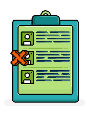 pixel line art of candidate checklist board on job vacancy that crossed listed to select and disqualify candidates. Can be used for web, website, landing page, print, flyers, brochures, advertisingのイラスト素材