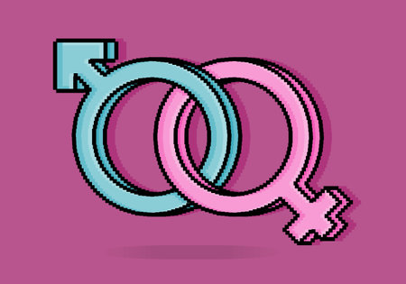 8 bit pixel illustration of Male and female gender symbols that intertwined with each other cannot be separated. Can be used for sticker, t shirt, gift, dating invitation, poster, Valentine greetingのイラスト素材