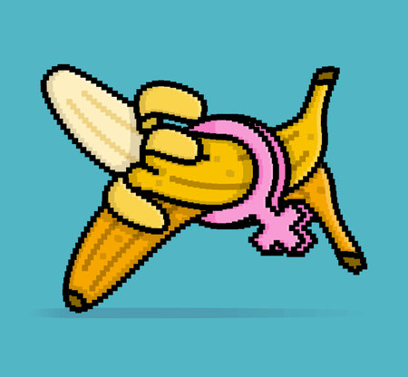Joke or humor illustration of two ripe and peel bananas passing through the female gender sign circle. Can be used for sticker, t shirt, gift, merchandise, print, poster, Valentine invitationのイラスト素材