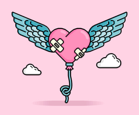 8 bit pixel illustration of pink balloon shaped like heart or wounded love with wings and flying. Can be used for sticker, t shirt, gift, dating invitation, poster, Valentine greetingのイラスト素材