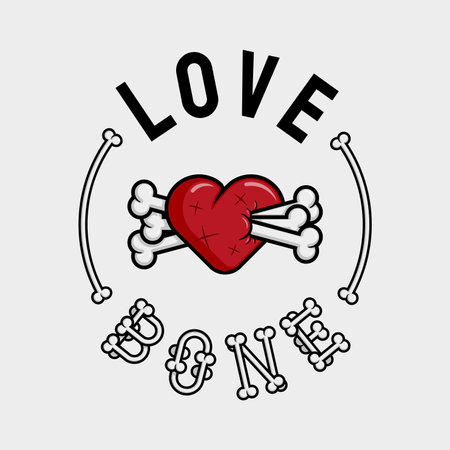 artwork illustration of wounded heart is pierced by three bones framed with the words LOVE and BONE made with bones. in outline and gothic horror cartoon style for apparel or clothingのイラスト素材