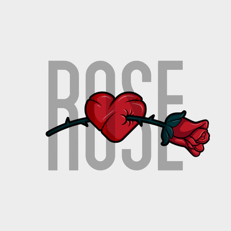artwork illustration of a red rose pierced a heart that was cut and stitched in outline style for clothing and apparelのイラスト素材