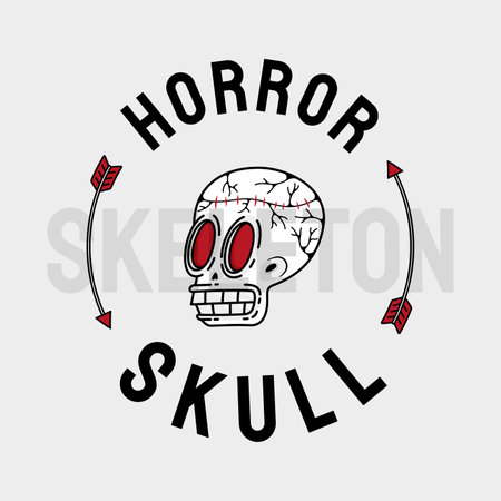 artwork illustration of grimacing skull with a split head and stitched on the frame with circular arrows and the words SKULL and HORROR. in outline and gothic horror cartoon style for apparelのイラスト素材