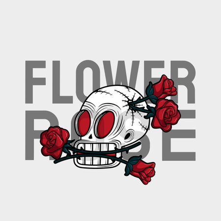 artwork illustration of skull that bites and is covered in rose thorns. in outline and gothic horror cartoon style for apparel or clothingのイラスト素材