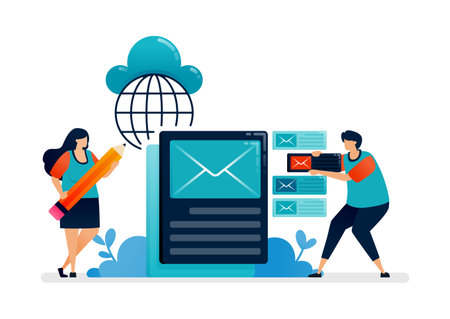 Business illustration of metaphor of replying and organizing corporate emails for work efficiency. Can be used for seamless office template, homepage, landing page, proster adsのイラスト素材