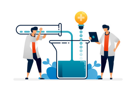 Pharmacy illustration of scientists experiment in mixing liquids in chemical tubes to make medicines. Can be used as homepage banner ads for healthcare facilities, posters, brochuresのイラスト素材