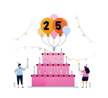 People bring candles at 25th birthday parties with big baloons and candles on cake decorations. Illustrations can be used for invitations, templates, greetings, weddings, covers, flyers, postcardsのイラスト素材