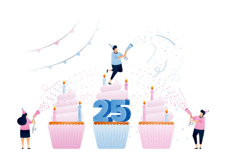 Party people blow confetti between three cupcakes for a 25th anniversary event. Illustrations can be used for invitations, cards, templates, greetings, weddings, covers, flyers, postcardsのイラスト素材