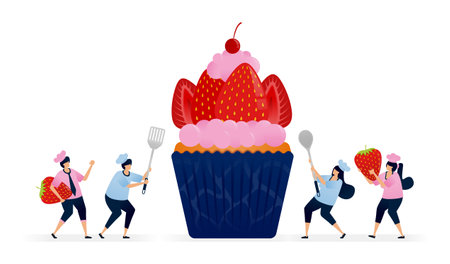 Pastry chef makes cupcakes with strawberry icing topping and large red strawberry slices. Illustrations suitable for print, newspaper, cover, magazine, flyer, brochureのイラスト素材