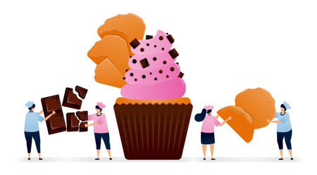 Chef makes muffins with topping of chunk chocolate and large pieces of flat crispy cone wafer....