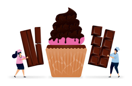 Pastry chef makes cupcakes with pink icing topping and melted chocolate bar glaze. Illustrations suitable for print, newspaper, cover, magazine, flyer, brochureのイラスト素材