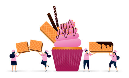 Pastry chef makes cupcakes with pink icing, chocolate source, sprinkles nuts and chocolate wafers....