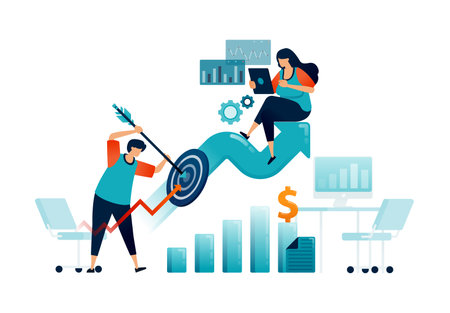 Workspace illustration of ensure companies financial and investment targets achieved with profits. Can be used for landing pages, websites, mobile apps, posters, flyersのイラスト素材