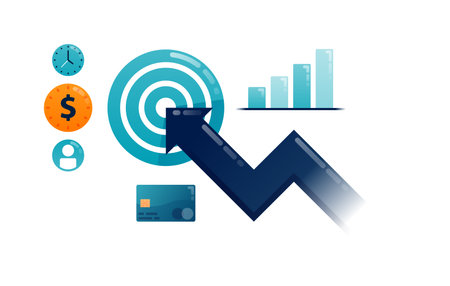 Business illustration of bullseye archery rising arrow for financial target success metaphor. Can be used for poster, template, banner, cover, flyer, brochureのイラスト素材