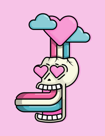 Cartoon Illustration of skull brainwashed by a rainbow coming out of a cloud of love. Can be used for birthdays, parties, Valentine Day, celebrations and printed on t-shirts, hoodies, tote bagsのイラスト素材