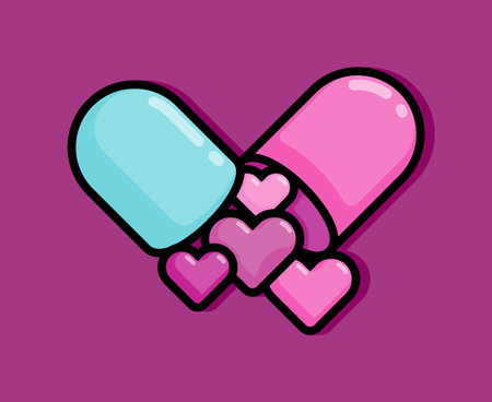 cartoon line style illustration of Pill medicine for treatment containing love symbol love can heal. Clip art can be used for t shirt, clothing, print, banner, invitation, party card, sticker, pillowのイラスト素材