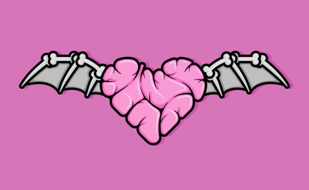cartoon line style illustration of wrinkled heart shaped like a brain with bat wings for mind draining love. Clip art can be used for t shirt, clothing, print, banner, invitation, party card, stickerのイラスト素材