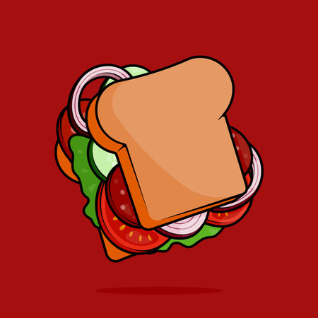 illustration of sandwiches filled with vegetables and plenty of tomato, cucumber, onion and slice ham in line art style. Can be used for restaurants, cafes, local street food, cookbook menu coversのイラスト素材