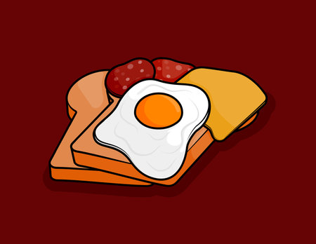illustration of two toasts with cheese topping, half cooked eggs and pieces of red slice ham sausage in line art style. Can be used for restaurants, cafes, local street food, cookbook menu coversのイラスト素材