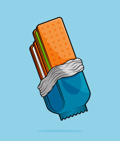 cartoon illustration of ice cream sandwich with strawberry pink and green matcha filling wrapped in aluminum foil blue package. can be used for menu, cover, cafe, restaurant, cookbook, ads, posterのイラスト素材