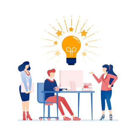 vector illustration of Modern flat design illustration featuring teamwork, collaboration, and brainstorming with professionals in an office environment showcasing innovation, leadership, creativityのイラスト素材