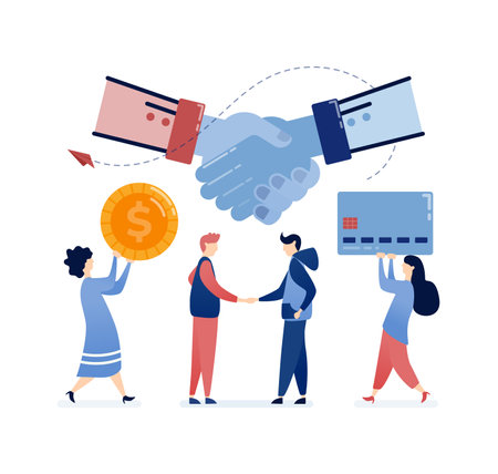 vector illustration of People shaking hands and referring friends for financial and banking decisions, including credit card loans, investments, and business deals, symbolizing trust and collaborationのイラスト素材