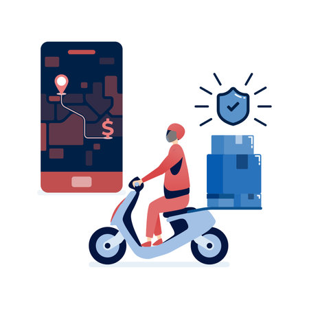 vector illustration of Delivery drivers delivering online shopping orders with mobile apps and motorbikes for safe e-commerce transactions and fast shipping of packagesのイラスト素材