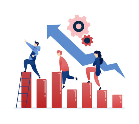 vector illustration of People tracking their progress with bar charts, visualizing their career and financial goals, showcasing personal growth, success, and professional developmentのイラスト素材