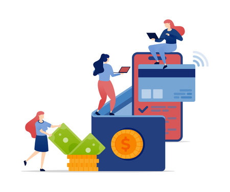 vector illustration of Women accessing financial services with credit cards, banking apps, wallets, and stacks of money to manage finances and achieve financial freedomのイラスト素材