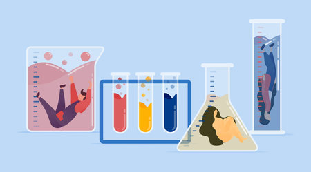 vector illustration of Doctors and students conduct human experiments in laboratories, immersing liquids and chemical compounds in beakers and test tubes to develop treatment solutionsのイラスト素材