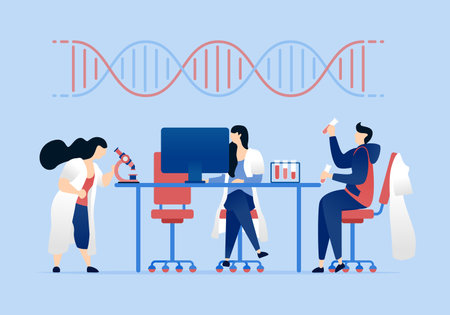 vector illustration of Doctors and professors work together at a table, using DNA based experiments in the laboratory to discover cures and improve medical treatments for various diseasesのイラスト素材