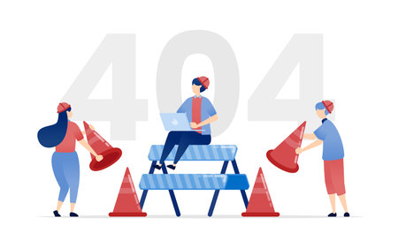 vector illustration of 404 Not Found or Under Construction. People in Construction Project Gear Illustrating Duration of Development or Website Building for an Engaging User Experienceのイラスト素材
