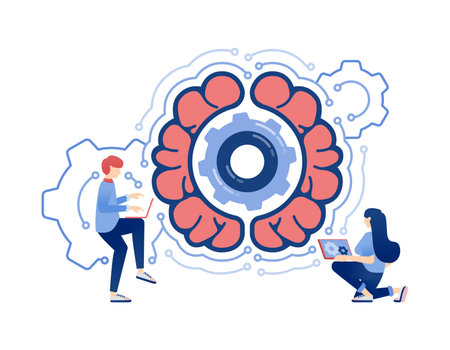 Illustration of People Developing an AI Brain for Internet Network Innovation and Brainstorming Using Advanced Artificial Intelligenceのイラスト素材