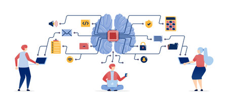 Illustration of People Accessing Data from Learning, Work, and Entertainment, Supported by AI Brains...