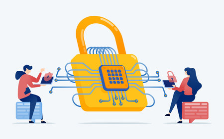 Vector illustration of People use security systems with networks based on chip technology and AI. illustrated with a padlock wrapped in cables and chipsのイラスト素材