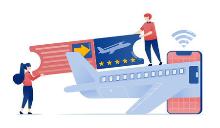 Mobile apps for buying holiday tickets, business trips, and flight servicesのイラスト素材