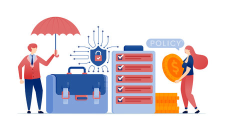 Briefcases and umbrellas symbolizing secure and protected work policyのイラスト素材