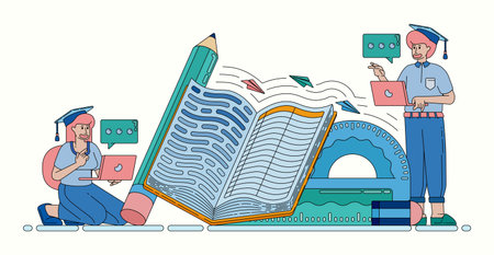 Line illustration of open books and stationery elements for school learning study and academic...